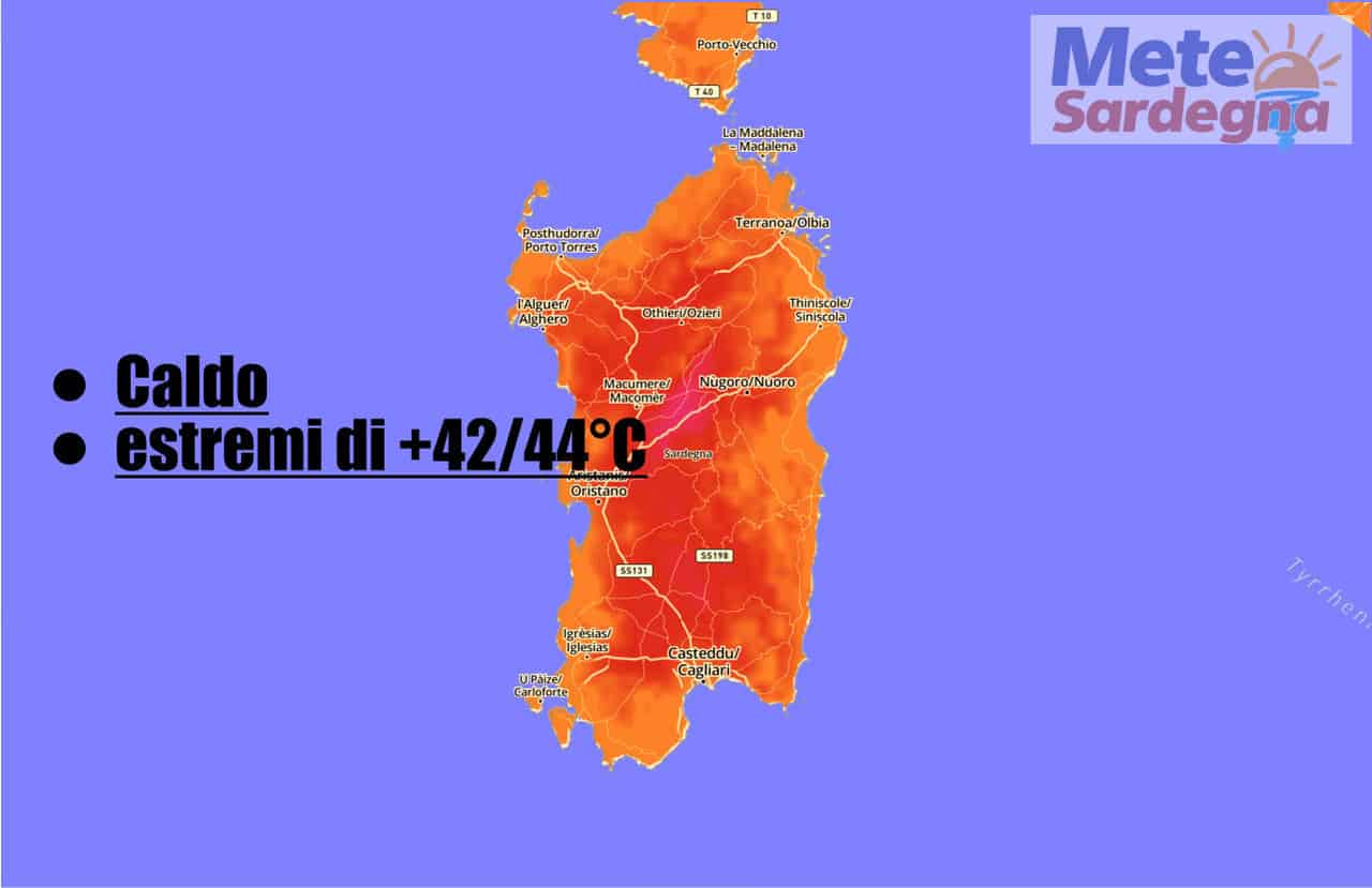 meteo con caldo estremo sardegna - Meteo Sardegna: RAFFICA di ondate di CALORE, oggi sino 44 gradi