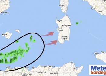 Radar meteo che indica la rotta delle deboli piogge.