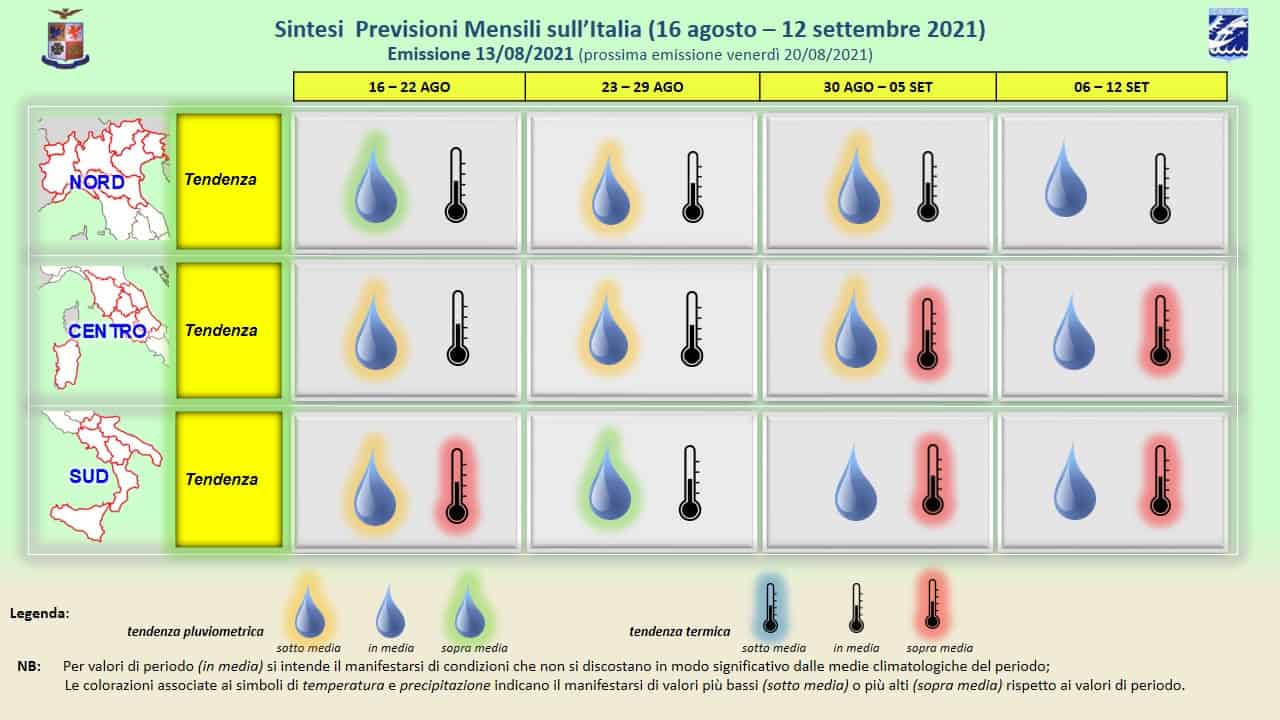 previsioni mensili 13 08 2021 - Meteo Aeronautica Militare italiana sino al 12 settembre 2021. Tendenza per la Sardegna