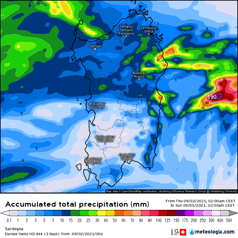 xx model en 343 0 modswisseu 2021090200 72 1177 157 - Meteo Sardegna, Temporali simil Tropicali. Mappe a confronto