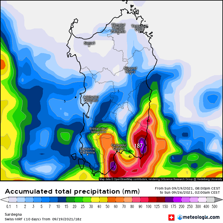 xx model en 343 0 modswissmrf 2021091918 150 1177 157 - Meteo temporali verso il Mare di Sardegna. Ciclone mediterraneo