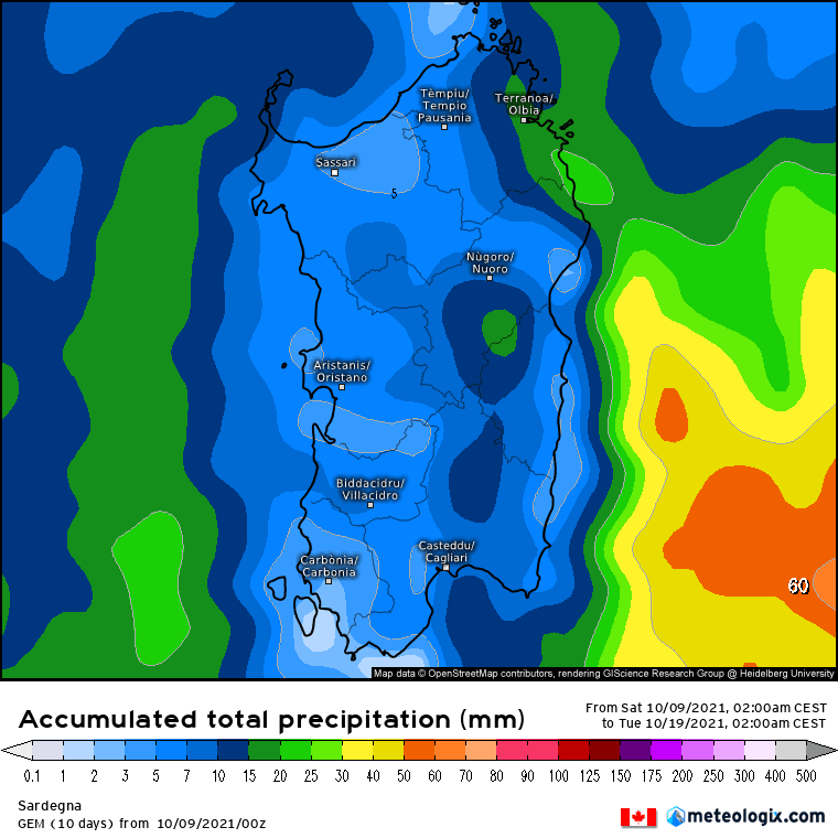 xx model en 343 0 modcan 2021100900 240 1177 157 - Meteo SARDEGNA, il rischio di MALTEMPO e pioggia. Mappe, analisi, un focus