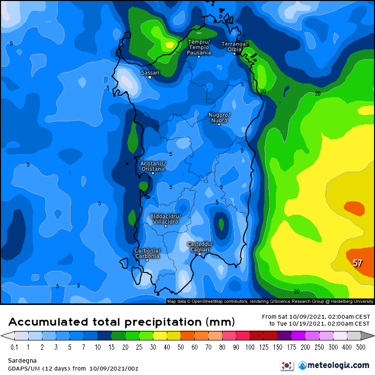 xx model en 343 0 modkor 2021100900 240 1177 157 - Meteo SARDEGNA, il rischio di MALTEMPO e pioggia. Mappe, analisi, un focus