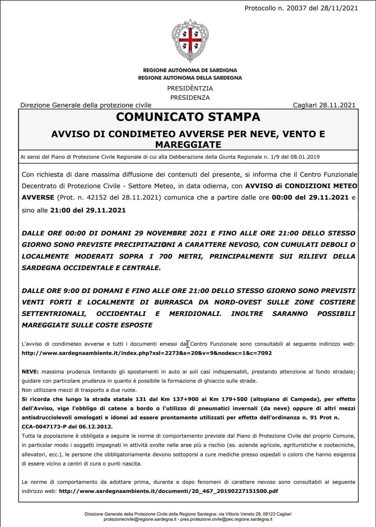 allerta meteo protezione civile sardegna - SARDEGNA allerta meteo della Protezione Civile. Neve sui rilievi, obbligo di catene