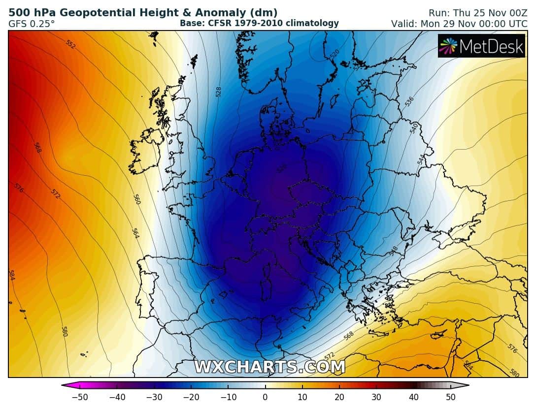 gph500 anom 20211125 00 096 - Meteo SARDEGNA, peggioramento. Maltempo con anche grandine. Neve improvvisa