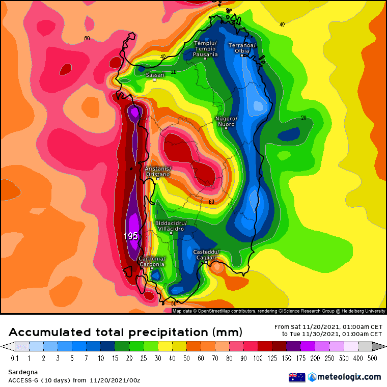 xx model en 343 0 modaus 2021112000 240 1177 157 - Meteo SARDEGNA, grandi piogge, rischio neve sui rilievi