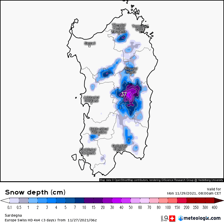 xx model en 343 0 modswisseu 2021112706 49 1177 108 - Meteo SARDEGNA: mappe, previsioni sul rischio neve. Aggiornamento