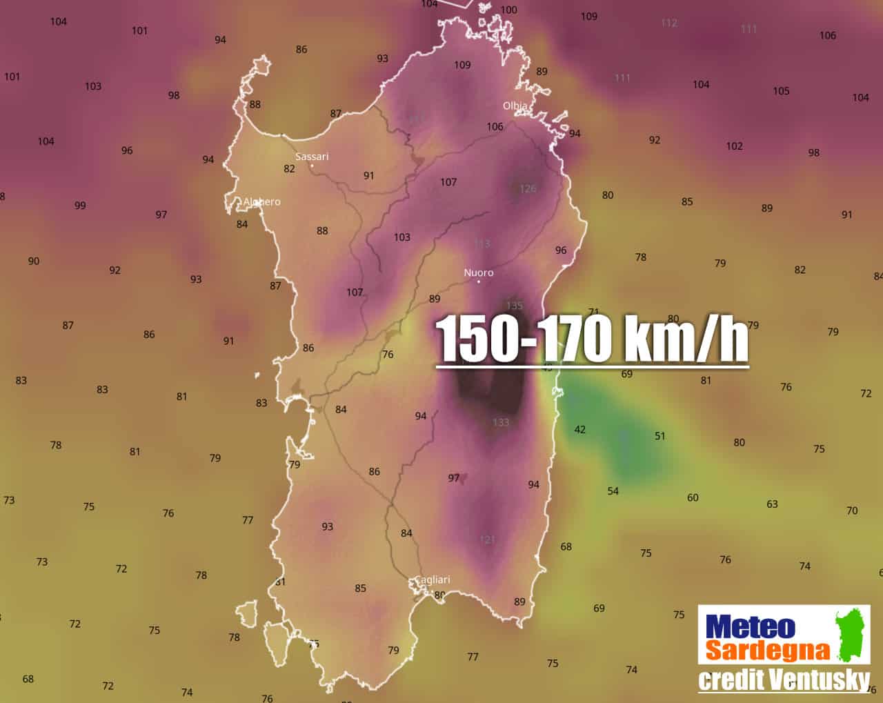 meteo sardegna burrasca vento 05 - SARDEGNA: allerta meteo da parte della Protezione Civile. Mappe previsione di raffiche del vento