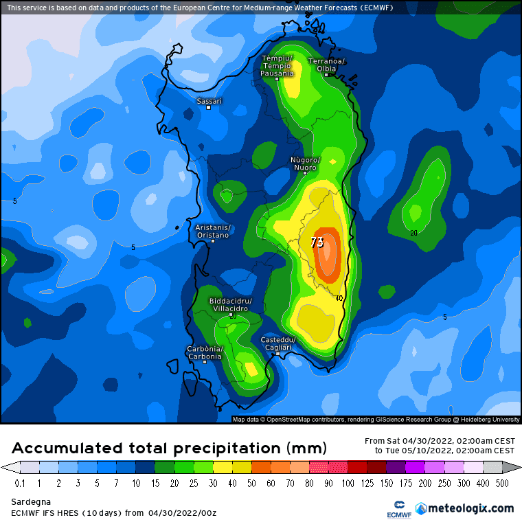 xx model en 343 0 modez 2022043000 240 1177 157 - Meteo Sardegna, le previsioni della pioggia secondo il Centro Meteo Europeo (ECMWF)