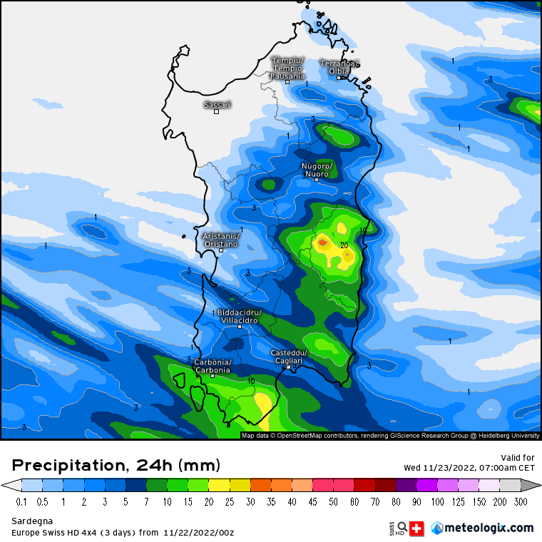 xx model en 353 0 modswisseu 2022112200 30 1177 63 - Aggiornamento ore 7:00 "edizione Straordinaria del meteo SARDEGNA", danni, allagamenti. Allerta ancora in vigore